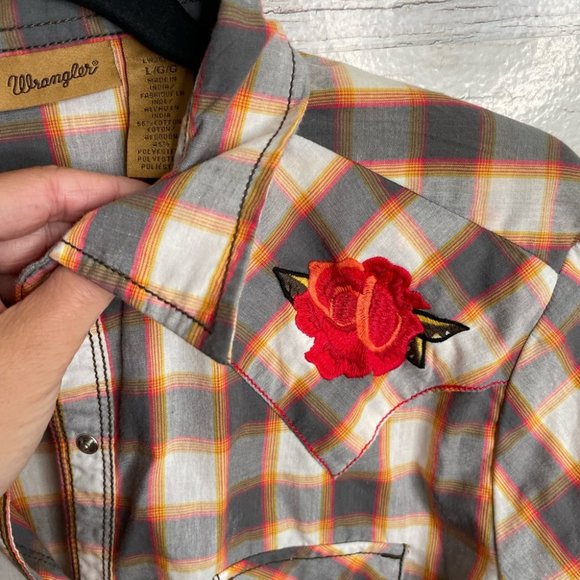 Wrangler brown red floral plaid blouse top size large western - Picture 4 of 14
